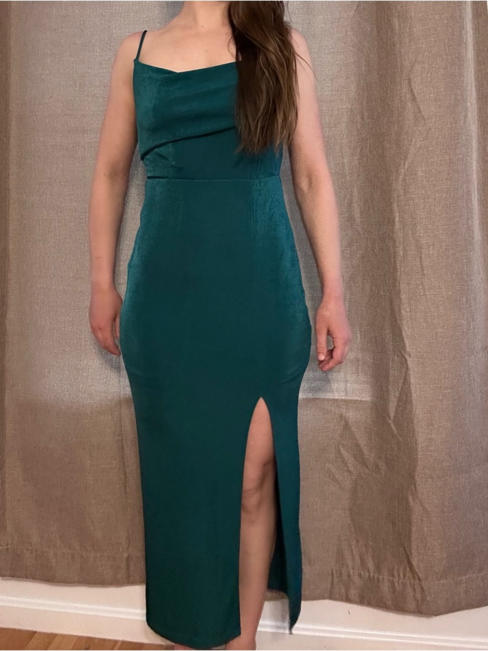 Selfie Leslie Teal Cowl Neck Midi Dress with Front Slit